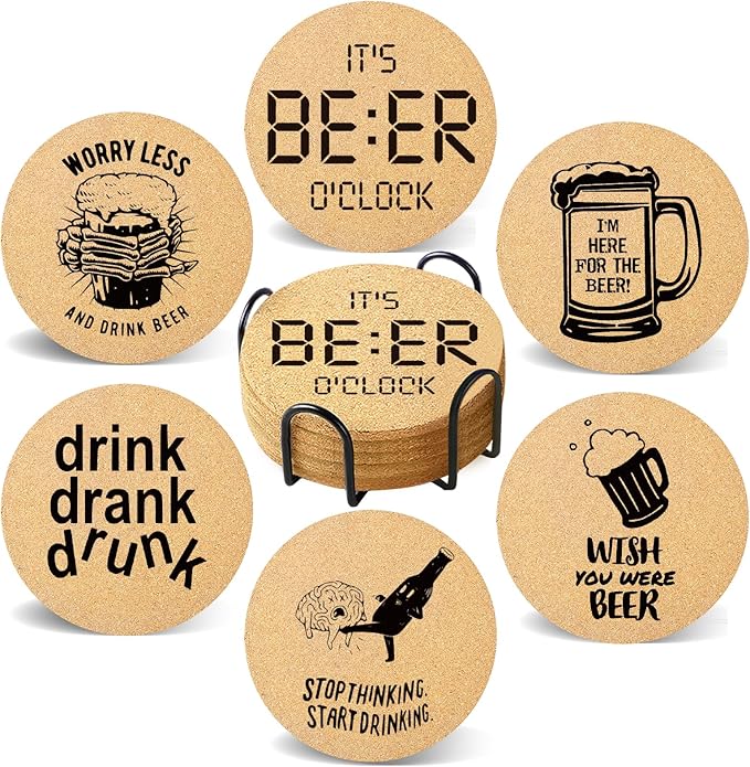 Coasters for Drinks with Holder Set of 6, Absorbent Cork Wood Coaster for Cup Desk Office Table Kitchen Decor House Warming Gifts for New Home Couples, Round 4"
