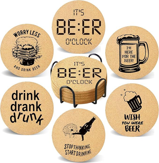 Coasters for Drinks with Holder Set of 6, Absorbent Cork Wood Coaster for Cup Desk Office Table Kitchen Decor House Warming Gifts for New Home Couples, Round 4"