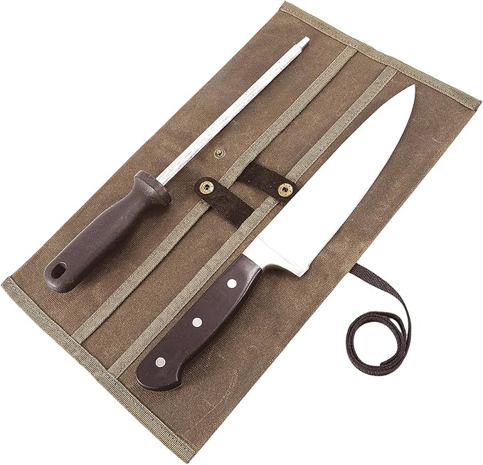 Double Knife Roll for Chefs,Waxed Canvas Vertical Knife Storage Case,Travel Carry-On Roll Bag,Rectangular Protector Sheath Pouch Organizer for Chef Kitchen Cutlery Knives Accessories,Cooking Tool