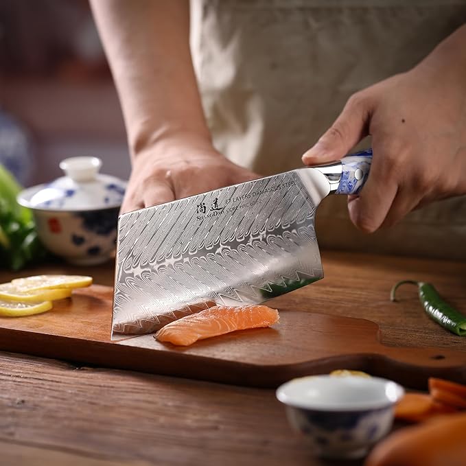 SHANGDAO 7 Inch Chinese Chef Knife,Cleaver Kitchen Knife Professional Vegetable Knife, Forged Damascus Steel with Blue and White Resin Handle - Full Tang - HUA Series
