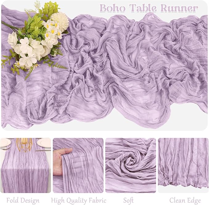 10 Pack Cheesecloth Table Runner 6FT Boho Gauze Rustic Fabric Table Runner Vintage Sheer Tablecloth for Wedding Party Bridal Baby Shower Decorations (Light Purple)