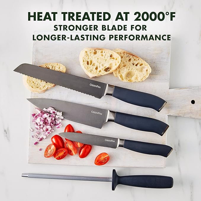 GreenPan Titanium Ultimate 16-Piece Knife Block Set, Titanium Coated, Stainless Steel, Eco-friendly, Ergonomic Grip, Slip Resistant, Balanced, Heat Treated, Hand Sharpened, Dishwasher Safe