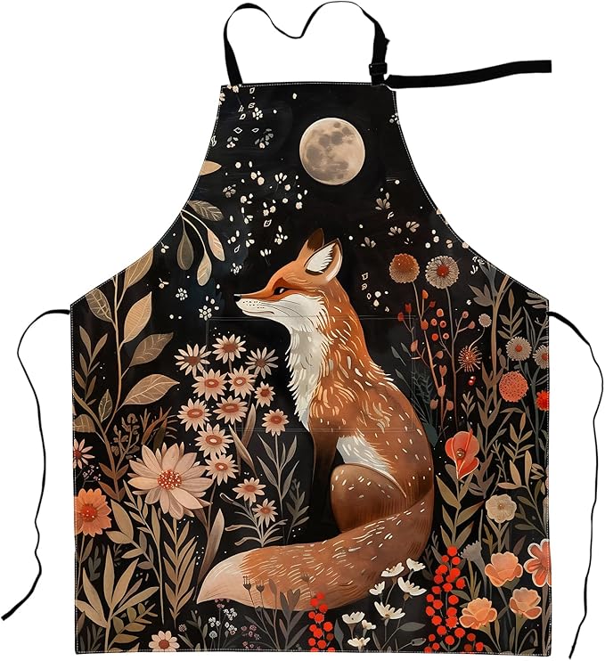 Fox Apron Autumn Flowers and Moon Aprons Waterproof Oxford Polyester Adjustable Pockets Design for Cooking, Crafting, Garden Decor, Gifts for Nature Lovers, 28x33 Inch