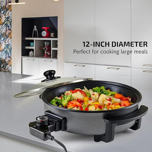 OVENTE 12 Inch Electric Skillet and Frying Pan with Nonstick Coating, 1400W Power, Adjustable Temperature Control, Tempered Glass Lid with Vent and Cool Touch Handles, Black SK11112B