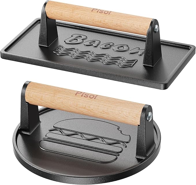 Pisol Smash Burger Press (2PCS), Pre-Seasoned Cast Iron Hamburger Smasher, Heavy-Duty Bacon Grill Press Tool with Wood Handle, (Round & Rectangle)