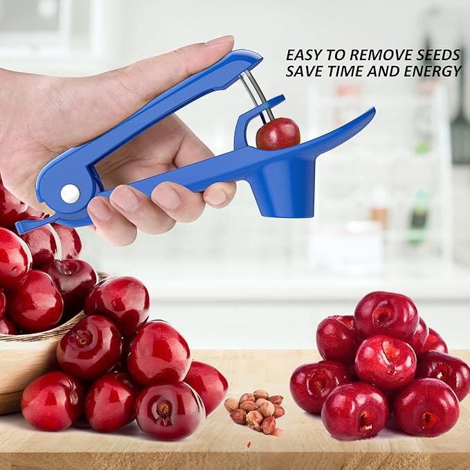Cherry Pitter - Ordekcity Stainless Steel Cherries Corer Pitter Tool with Hand-held Push Design, Save Time & Space for Making Cherry Jam with Lock Design(Blue)