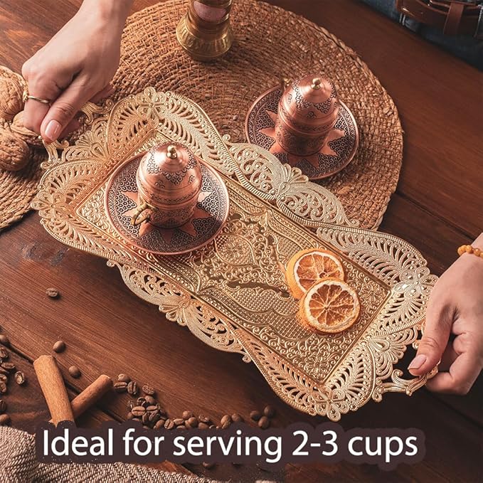 Small Gold Turkish Tea Coffee Serving Tray Table Decor Decorative Handles Rectangle - Gold Rectangular Candle Rustic Farmhouse Home Kitchen Brass Moroccan Style Traditional Fancy Tray Decor