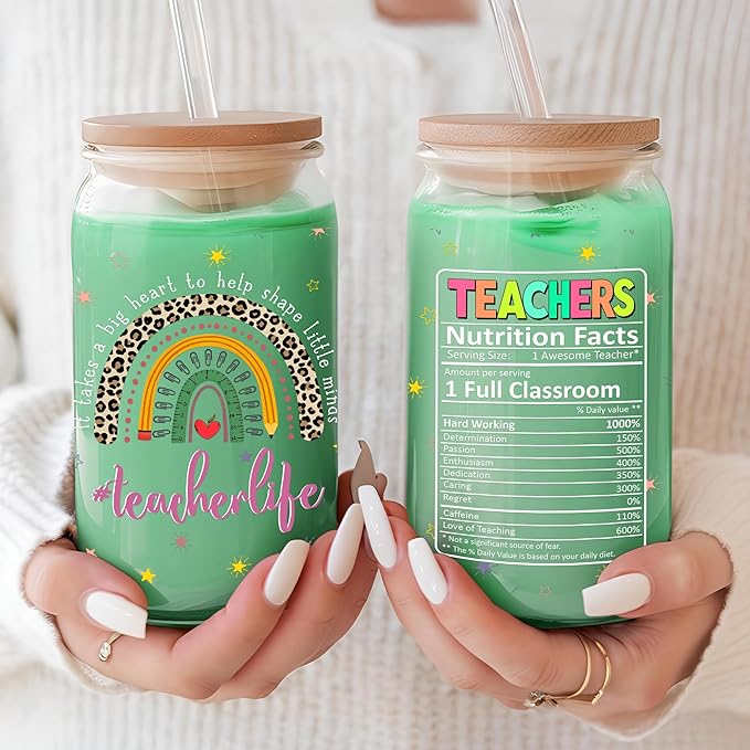 Teacher Appreciation Gifts 16 Oz Glass Cup with Lid and Straw It Takes Big Heart To Help Shape Little Minds Coffee Tumbler Birthday Christmas Thank You Gift for Teachers Women Coworkers