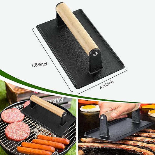 POLIGO 5PCS Smash Burger Press Kit - 4 in 1 Hamburger Patty Storage Containers,7.68"X4.1" Rectangle Cast Iron Smash Bacon Press- Non Stick Smash Burger Press Set for Grill and Griddle Cooking