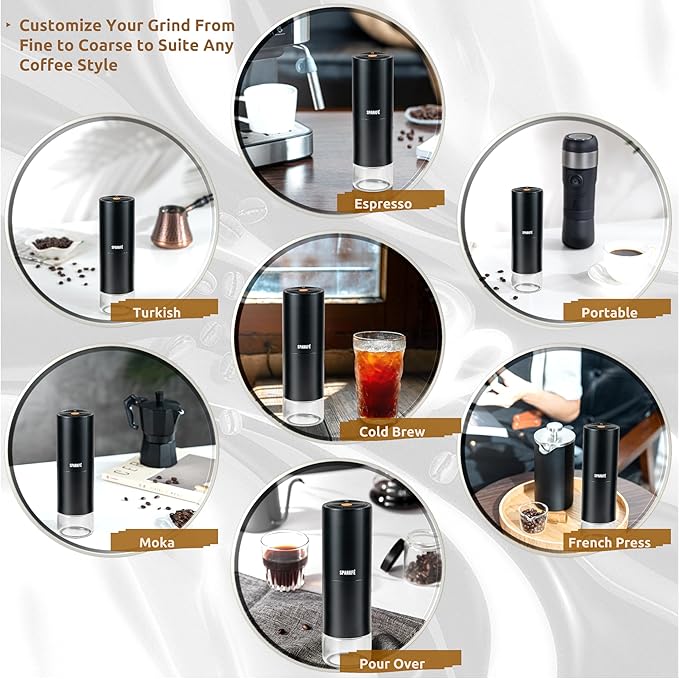 SPARKFE Portable Electric Coffee Grinder, Rechargeable Handheld Grinder with Stainless Steel Conical Burr, Adjustable Grind Settings, for Espresso, Moka, Pour Over, French Press, Cold Brew, Obsidian
