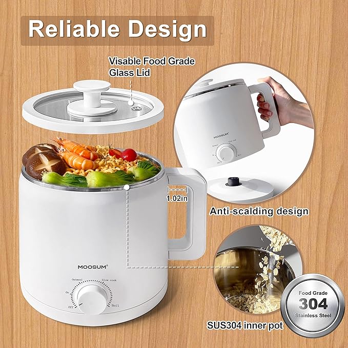 Mini Electric Hot Pot, Fast Cooker for Ramen/Soup, Stainless Steel with over-heating Protection, Perfect for Student & Single, 1.5L White