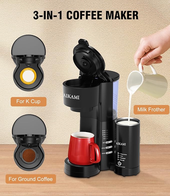 AIKAMI Single Serve Coffee Maker for K Cup & Ground Coffee with Milk Frother, 6 to 14 Oz Brew Sizes, Auto-Off Coffee Machine with Water Reservoir