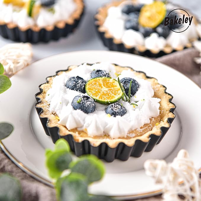 Bakeley Mini Tart Pan Set, 4-Inch 4pcs with Removable Loose Bottom Non-Stick Round Quiche Bakeware for Oven and Instant Pot Baking (Black)