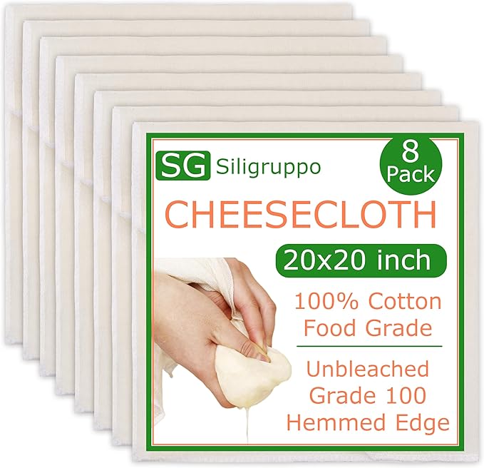 8-Pack Hemmed Cheesecloths - 20"X20" Reusable Unbleached Cotton For Cheese Making, Nut Milk, Yogurt Straining & Crafts. Food-Grade, Pre-Cut With Reinforced Edges