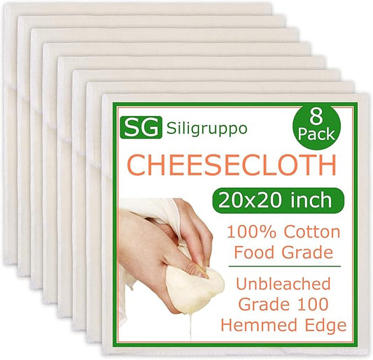 8-Pack Hemmed Cheesecloths - 20"X20" Reusable Unbleached Cotton For Cheese Making, Nut Milk, Yogurt Straining & Crafts. Food-Grade, Pre-Cut With Reinforced Edges