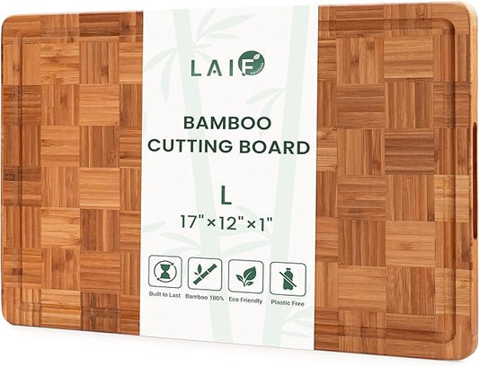 Premium Carbonized Bamboo Cutting Boards – Durable Wooden Chopping Boards with Juice Grooves – Small, Medium, Large & 3-Piece Set – Eco-Friendly, Thick, Crack-Resistant, Easy Grip (Large)