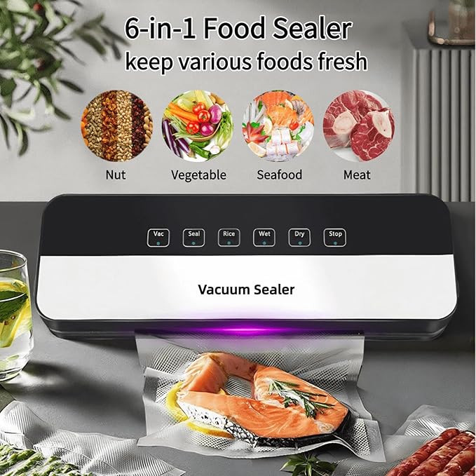 Vacuum Sealer for Food with 30 Vacuum Sealer Bags,Dry/Moist Compact Full Automatic Food Sealer, Precision Suction Power 6-in-1