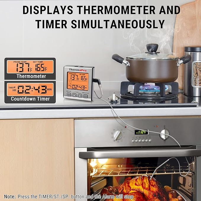 ThermoPro Digital Meat Thermometer for Cooking and Grilling, BBQ Food Thermometer with Backlight and Kitchen Timer, Grill Temperature Probe Thermometer for Smoker, Barbecue, Oven, Baking,Oil