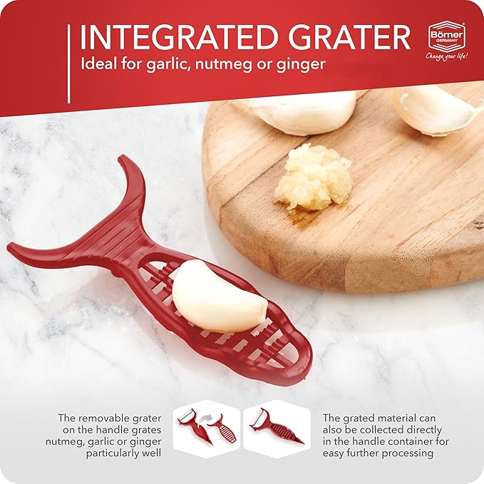 Börner by Reston Lloyd Vegetable Peeler, Garnish Knife, Nutmeg/Garlic Grater, Made in Germany, Red