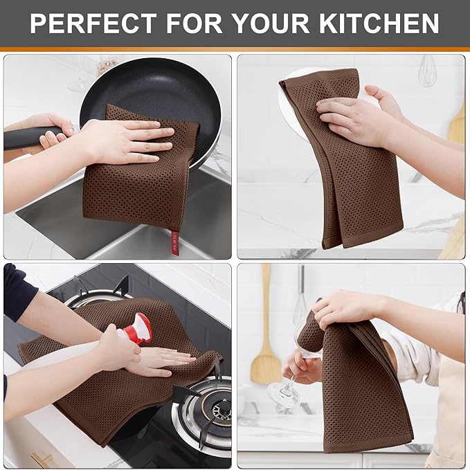 Kitinjoy 100% Cotton Waffle Weave Kitchen Towels (13 X 28 Inches, Coffee), 4-Pack Super Soft and Absorbent Dish Towel for Drying Dishes, Kitchen Hand Towels