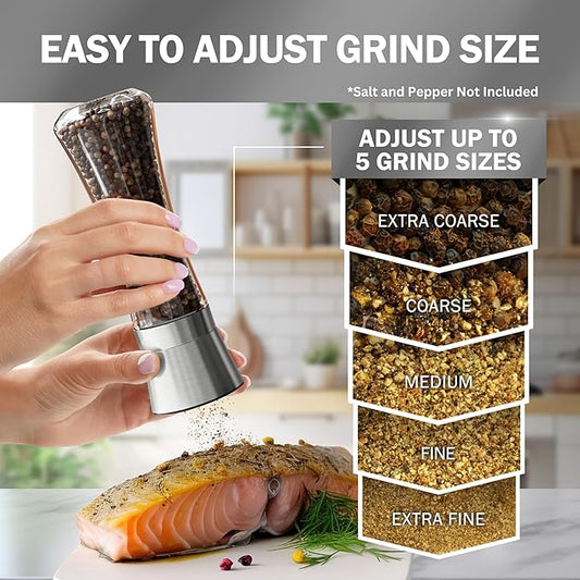 Home EC Premium Stainless Steel Sea Salt and Pepper Grinder Set of 2 - Adjustable Ceramic - Tall Glass Salt and Pepper Shakers - Kitchen Spice Mill W/Funnel & EBook