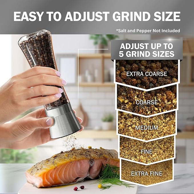 Home EC Original Stainless Steel Sea Salt and Pepper Grinder Set of 4 - Adjustable Ceramic - Tall Glass Salt and Pepper Shakers Mills - Modern Kitchen Spice Mill W/Funnel & EBook