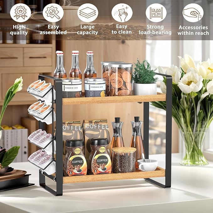 LEMIKKLE Coffee Station Organizer for Counter,Condiment Storage Caddy for Kitchen,2 Tier Wooden Shelf for Coffee Bar Accessories,Coffee Bar Organizer for Kitchen, Home, Office-Brown