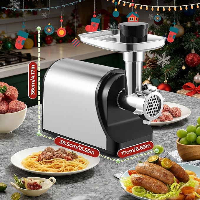Flyseago Electric Meat Grinder 3200W Heavy Duty Commercial Meat Grinders, Sausage Stuffer, Kubbe Kit with 2 Cutting Blades, 3 Grinding Plates, 3 Sausage Tubes, Metal Gearbox Meat Grinder for Home Use