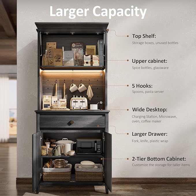 72" Tall Kitchen Pantry with Hydraulic Flip Up Door, Storage Cabinet with LED Lights & Charging Station, Drawer and Adjustable Shelves, Cupboard for Kitchen, Dining Room, and Hallway, Black