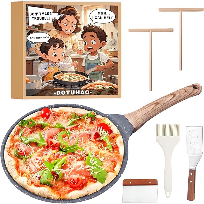 DOTUHAO Nonstick Crepe Pan Set, 6 Piece Set Kitchen Pancake Grill Pan, 9.5 Inch Granite Coating Flat Skillet Tawa Dosa Tortilla Pans, Pizza Pans, Fry Pan Compatible with All Stovetops (9.5 Inch)