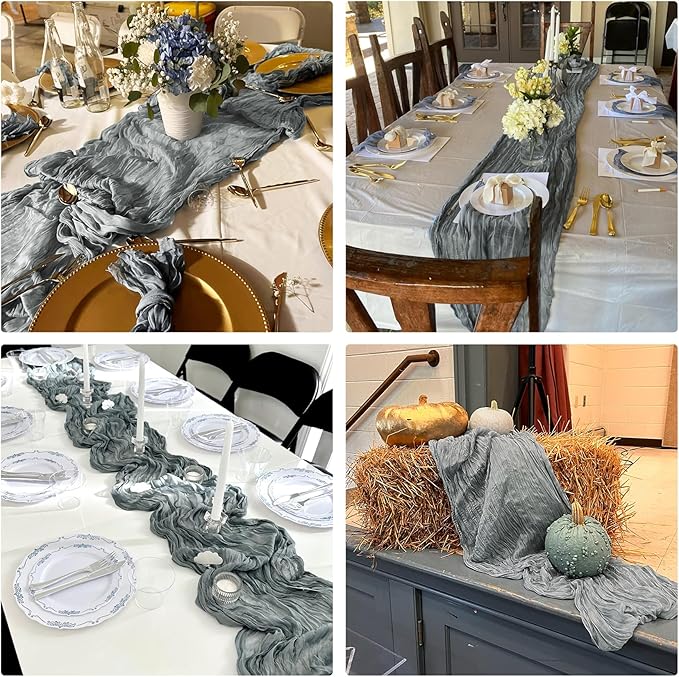 10 Pack Grey Cheesecloth Table Runner 6FT Boho Gauze Fabric Table Runner Vintage Rustic Sheer Runners for Wedding Party Bridal Baby Shower Long Table Decorations