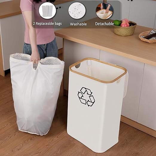 29 Gallons Recycling Bins for Kitchen, Indoor Recycle Bins with Lid, 110L Large Recycle bin with 2 Removeable Reusable Inner Bags, for Bottles Cans Glass Plastice Cartons(Beige)