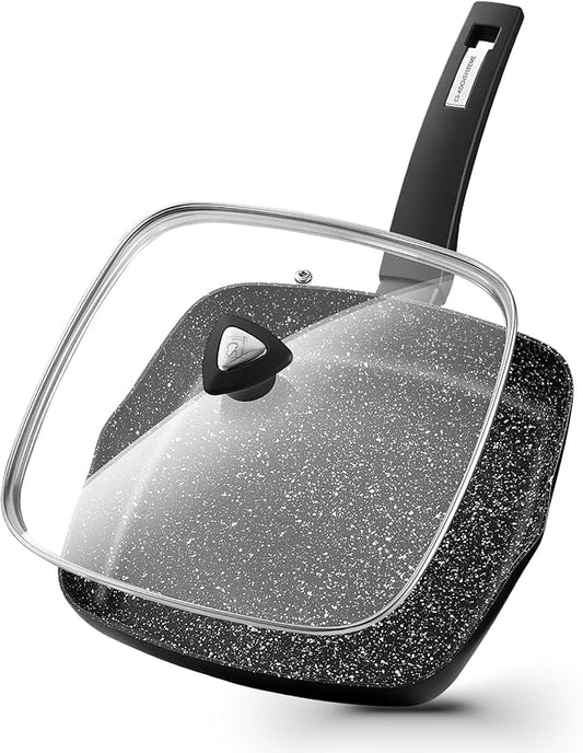 KOCH SYSTEME CS Nonstick Grill Pan 11 Inch, Marble Coating Square Grill Pan with Lid, Ultimate Nonstick Square Skillet with Bakelite Handle, Compatible with All Stovetops, Toxic-Free, 11 Inch