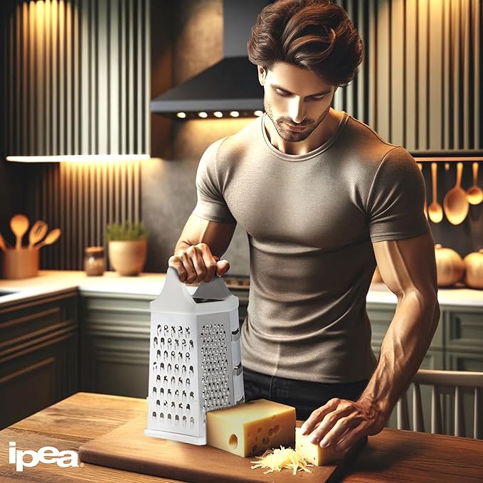 Stainless Steel 6-Sided Cheese Grater – 23 cm – Vertical Grater Six Blades with Ergonomic Handle for Grating Cheese, Vegetables, Lemon, Fruits Chocolate – Hexagonal Multi-Purpose
