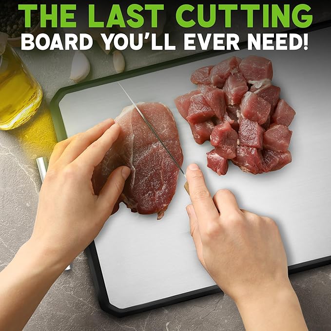 SMARTHAVEN Titanium Coated Stainless Steel Cutting Board, Professional Double-Sided Chopping Board with Wheat Straw PP, Food Grade, 42x31cm