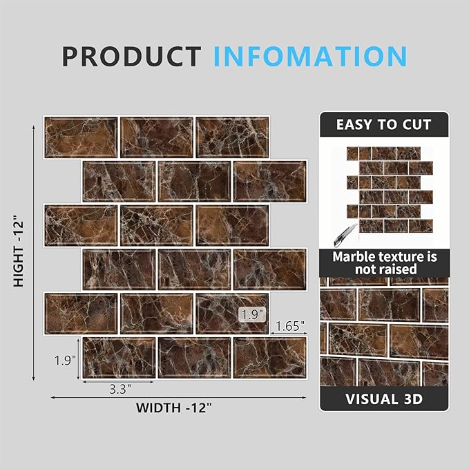 URCOLOR 10-Sheet Peel and Stick backsplash for Kitchen,12"x12" Self Adhesive Wall Tile on Back Splashes for Bathroom Brown Marble