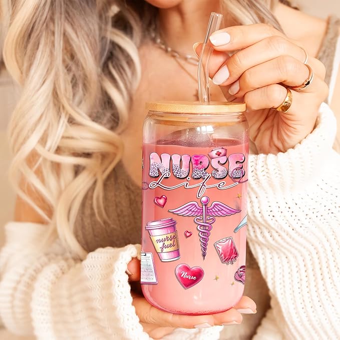 Gifts For Nurse - Nurse Life Glass Cup with Lid & Straw 16 Oz - Nurses Week Gifts - Nursing Student RN Practitioner Gift - Retirement Graduation Christmas Caregiver Appreciation Nursing Ideas