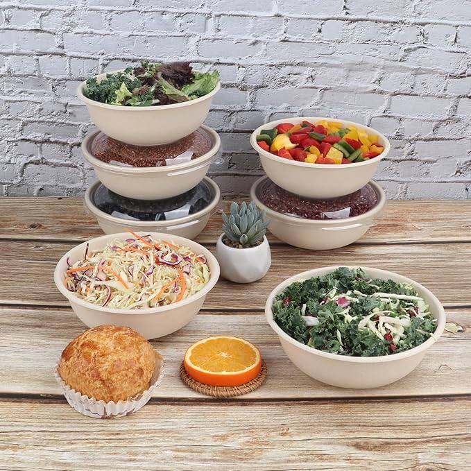 JAYEEY 28 oz Disposable salad bowls with lids, Sugarcane Fiber Paper Bowls Deli Container 50 Pack
