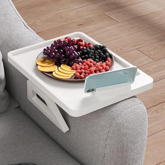 Couch Arm Tray with 360°Phone,Bamboo Folding Sofa Tray,Sofa Armrest Trays Clip-On Couch Desk for Drinks,Snacks,Phone,Remote Control（White）