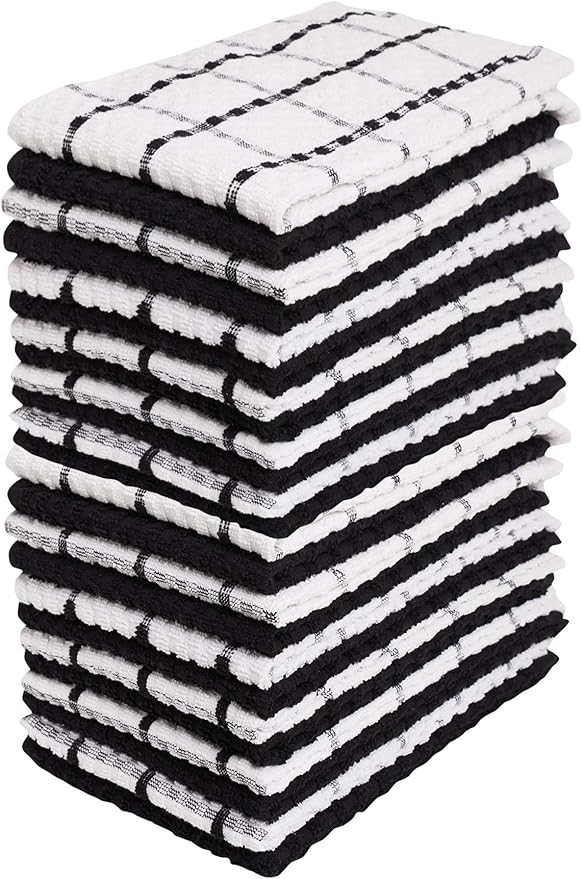 Kitchen Towels - Dish Towels and Dish Cloths - Hand Towel and Dishcloths Sets - 100% Soft Ring Spun Combed Cotton - Great for Cooking in Kitchen or Household Cleaning - Size 15" x 25" (Black, 24)