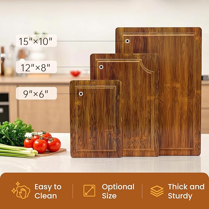 welsteepse Bamboo Cutting Boards, (Set of 3) with Juice Groove, Bamboo Wood Cutting Board Set for meat, fruit and cheese