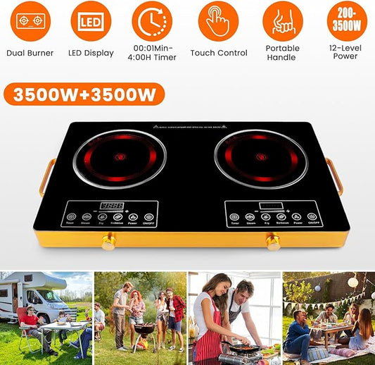 7000W Double Ceramic Electric Hot Plate Countertop Stove Double Burner Infrared Cooktop with 11 Power Levels 0-4H Timer Portable Handle LED Display for Kitchen Camping (Black)