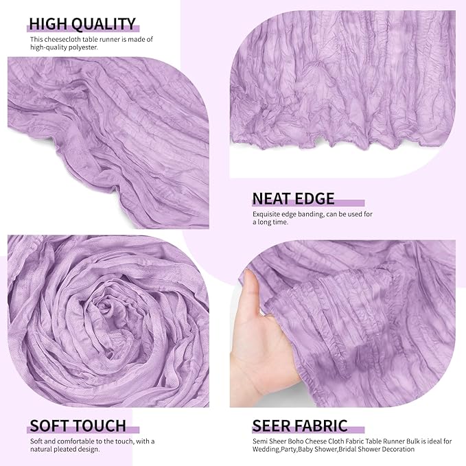 12 Pack Lavender Cheesecloth Table Runner 10Ft, Lilac Purple Table Runners 21.5 x 120 inch,Semi Sheer Cheese Cloth Fabric Runner Bulk for Wedding,Party,Baby Shower,Bridal Shower