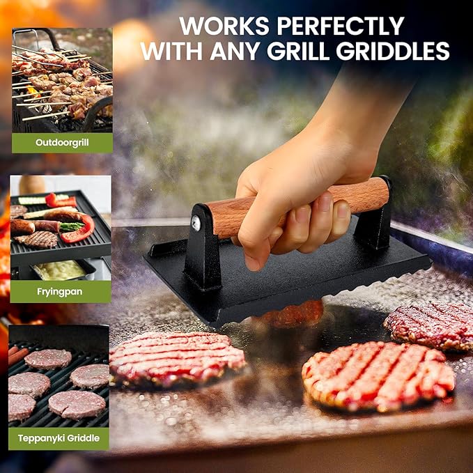 Whaleme Burger Press, 8”X4”Rectangle Heavy-Duty Cast Iron Smash Burger Press Griddle Accessories with Heat Resistant Wood Handle for Blackstone Griddle, Ideal for Panini, Steak & Sandwiches