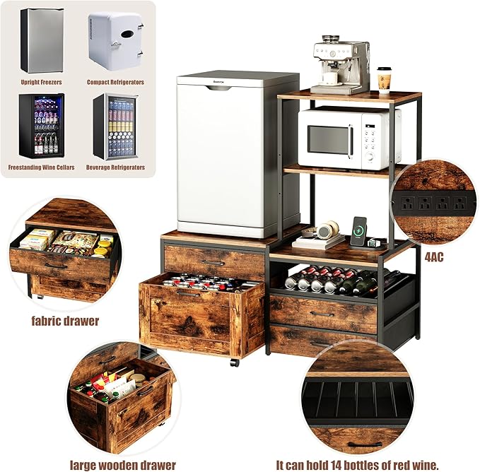 Mini Fridge Stand with Wine Rack, Kitchen Bakers Rack with Power Outlet, Microwave Oven Stand, Coffee Bar, Movable Drawers, for Dorm,Office, Brown HB04BXN
