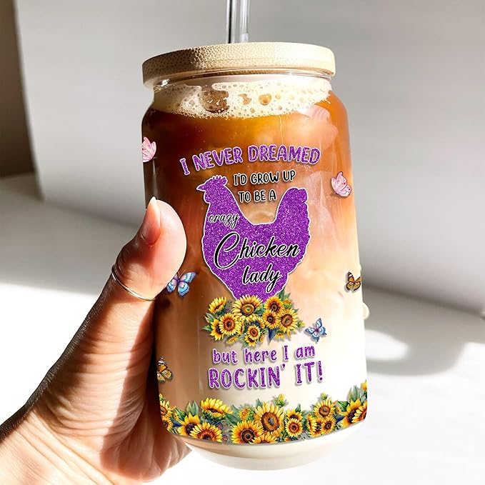 Chicken Gifts for Women 16 Oz Glass Cup with Lid and Straw Chickens Lady Coffee Mug Farm Animal Drinking Cups Mothers Day Birthday Christmas Gift Ideas for Farmer Mom Aunt Friends