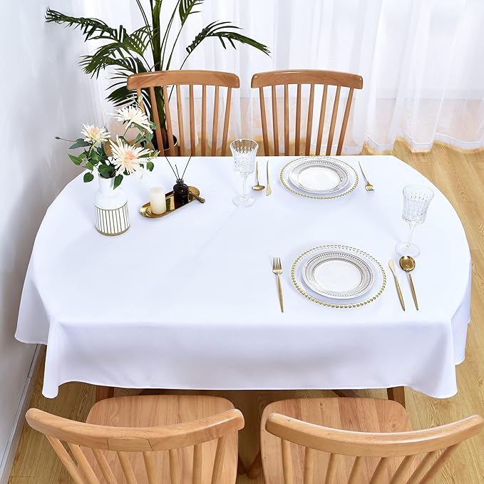 Wolkemer Small Oval Tablecloth 52 x 70 Inch Washable Fabric Table Cloth Solid White Table Cover for Dining Wedding Party Banquet Tabletop Decoration