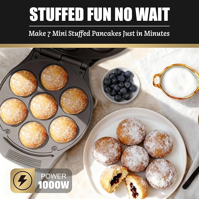 Mini Stuffed Pancakes Maker, Electric Ebleskiver Poffertjes Maker Pan, Danish Pancakes Maker, Cake Pop Maker, Bake 7x 2'' Ebelskivers without any Flipping operation