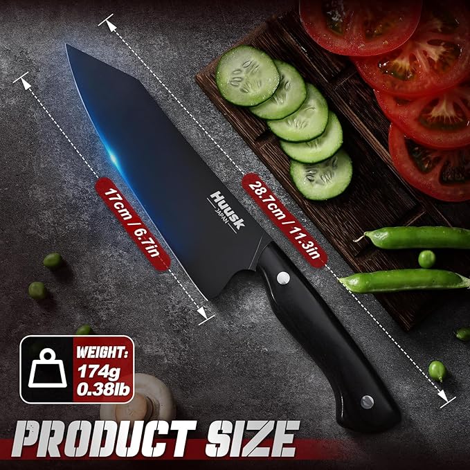 Huusk Japanese Chef Knife for Kitchen - 7" Kirisuke Knife with Black Titanium Coating, Stainless Kitchen Cooking Knifes for Vegetable & Meat Cutting, Ultra Sharp Sushi Knives, Men's Christmas Gifts