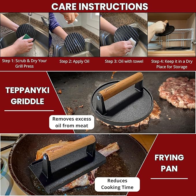 Gamalou® Smashed Burger Press BBQ Kit: 7" Round & 8.2x4.3 Rectangle Cast Iron Bacon Press, 3 in 1 Patty Maker, Spatula 6x5”, Burger Press Griddle Set for Blackstone, Traeger, Grills, Fry Pan